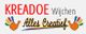 Logo van KreaDoe Wijchen met tekst "Alles Creatief" en kleurrijke handafdrukken.