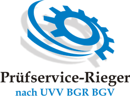 Logo mit Zahnrad, Text: "Prüfservice-Rieger nach UVV BGR BGV" in Schwarz und Blau.