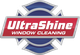 Logo with "UltraShine Window Cleaning" in bold red and white over a blue shield design.