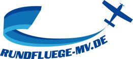 Logo mit kleinem Flugzeug und Schriftzug "Rundfluege-MV.de" in Blau.