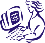 Zeichnung: Eine Person sitzt am Computer, tippt konzentriert mit fließendem Haar; monochrom violett.