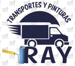 Logotipo de "Transportes y Pinturas Ray" con una camioneta y un rodillo de pintura azul.