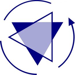 Dreieck und Kreispfeil in Blau, ineinander verschachtelt.