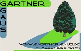Visitenkarte von Gärtner Gaus mit Baum und Kontaktinfos. Website: gaertner-gaus.de; Tel: 04441 9993051.