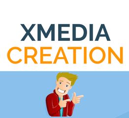 Texte "XMEDIA CREATION" avec dessin animé d'un homme souriant pointant du doigt.