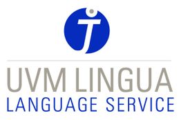 Logo mit blauem Kreis und "T", darunter "UVM LINGUA LANGUAGE SERVICE" in Grau und Blau.