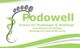 Podowell-Logo mit Fußabdruck, Schlange und Text zu Podologie, Wellness, Pflege, Massagen.