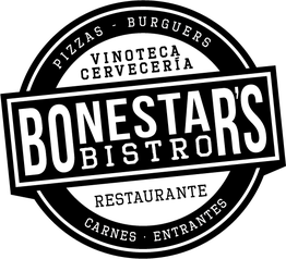 Texto circular: "PIZZAS - BURGUERS - CARNES - ENTRANTES" sobre fondo negro.