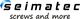 Logo von Seimatec mit Slogan "screws and more" in schwarzer Schrift, blaues Dreieck oben links.