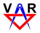 Schwarzer Schriftzug "VAR" über einem roten und blauen abstrakten Symbol.