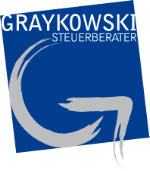 Logo mit Text "Graykowski Steuerberater" auf blauem Hintergrund mit grauem Symbol.