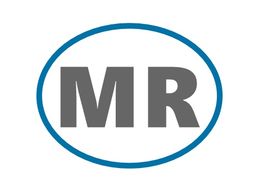 "Buchstaben 'MR' in Grau, umgeben von einem blauen Oval."
