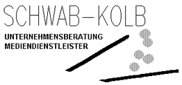 Schriftzug "SCHWAB-KOLB" mit Punkten und Linien, Text: "UNTERNEHMENSBERATUNG MEDIENDIENSTLEISTER".