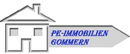 Skizze eines Hauses mit der Aufschrift "PE-IMMOBILIEN GOMMERN" in blauer Schrift auf grauem Hintergrund.