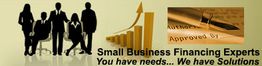 Silhouettes, bar graph, pen, and text: "Small Business Financing Experts, We have Solutions."