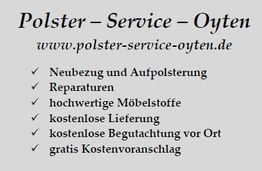 Textbild mit Leistungen eines Polster-Services: Bezüge, Reparaturen, Stoffe, Lieferung, Kostenvoranschlag.