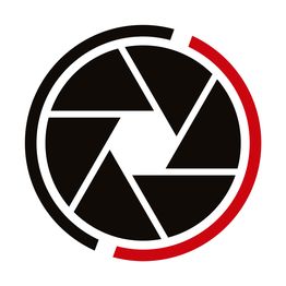 Ícone de obturador de câmera em preto e vermelho, representando linhas de um círculo.