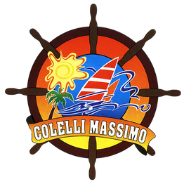 Logo con timone, sole, palma e barca a vela. Testo: "Colelli Massimo".