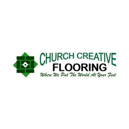 Green geometric logo with "Church Creative Flooring" text and tagline: "Where We Put The World At Your Feet."