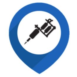 Pictogram van een tatoeagemachine binnen een blauwe locatiepin.