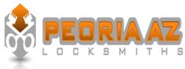 Logo of Peoria AZ Locksmiths with orange text and a key design.