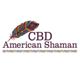 Colorful feather logo of CBD American Shaman with decorative pattern underneath.