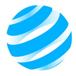 Kugelförmiges Logo aus blauen, geschwungenen Streifen auf weißem Hintergrund.