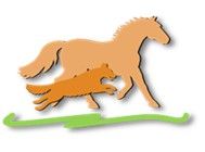 Pferd und Hund rennen gemeinsam, Symbol auf grünem Balken.