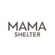 Logotipo com texto "MAMA SHELTER" em fonte escura sobre fundo branco.