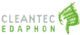 Logo mit grünem Blatt und Schriftzug "Cleantec Edaphon" in Grau und Grün.