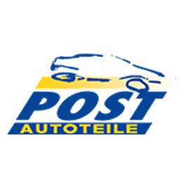 Logo mit blauer Aufschrift „POST Autoteile“ und gelbem Auto-Symbol darüber.