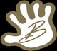 Desenho de uma mão aberta com a letra "B" estilizada no centro. Fundo marrom claro e branco.