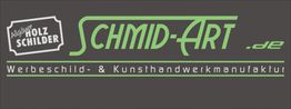 Logo von Schmid-Art: "Werbeschild- & Kunsthandwerkmanufaktur" in grüner Schrift auf grauem Hintergrund.
