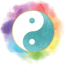 Yin-Yang-Symbol in Aquarellfarben, umgeben von einem regenbogenfarbenen Hintergrund.