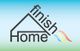 Tekst "finish Home" met huisvorm en gekleurde strepen, op blauwe achtergrond.