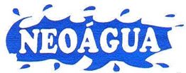Texto "Neoágua" em letras brancas sobre fundo azul com formato de respingos d'água.