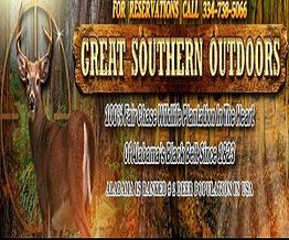 Deer and trees with "Great Southern Outdoors" text, promoting Alabama hunting plantation.