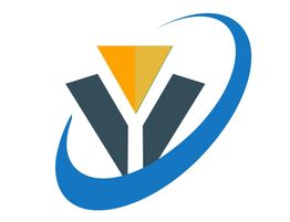 Abstraktes Logo mit gelbem Dreieck, blauen Bogen und dunklem V auf weißem Hintergrund.