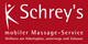 Rotes Logo von Schrey's mobilem Massage-Service mit Schriftzug und stilisiertem Figurensymbol.