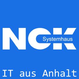 Blaues Logo mit Text "NCK Systemhaus" und unten "IT aus Anhalt".