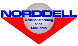 Logo von Norddell: "Dellenentfernung ohne Lackieren" in blau auf rotem Hintergrund.