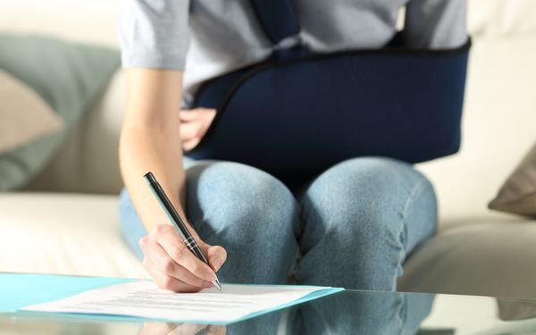 Person mit Arm in einer Schlinge füllt Antrag aus 