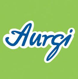 Texto "Aurgi" azul sobre fondo verde claro.