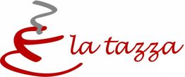 Logo mit rotem "E la tazza" und dampfender Tassenform in Grau und Rot.