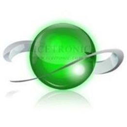 Esfera verde brillante con forma de anillos plateados girando alrededor.