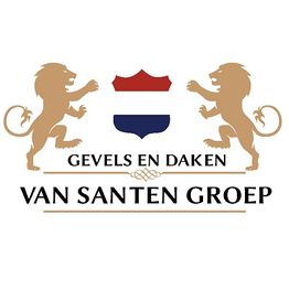 Twee gouden leeuwen, Nederlands schild, tekst: "Gevels en Daken, Van Santen Groep".