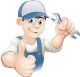 Cartoon-Handwerker mit Mütze hält Schraubenschlüssel und zeigt Daumen hoch.