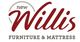 "Logo of New Willis Furniture & Mattress with bold red text and circular gray accents."