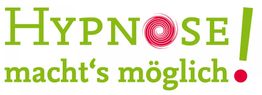 Text "Hypnose macht's möglich!" in Grün. Der Buchstabe "O" hat ein spiralförmiges Design.