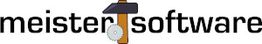 Logo mit Text "meister software". Der Buchstabe "t" wird durch Hammer und Sägeblatt dargestellt.